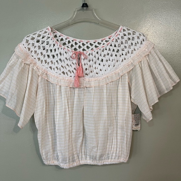 Free People Tops - Free People Croched Womens  Peach White Crop Top Short Sleeve Boho L NWT